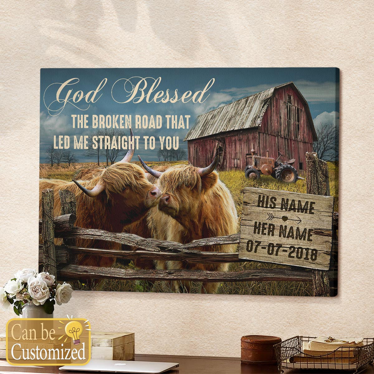 Custom Canvas Prints Anniversary Wedding Gifts God Blessed The Broken Road And Cows Wall Decor
