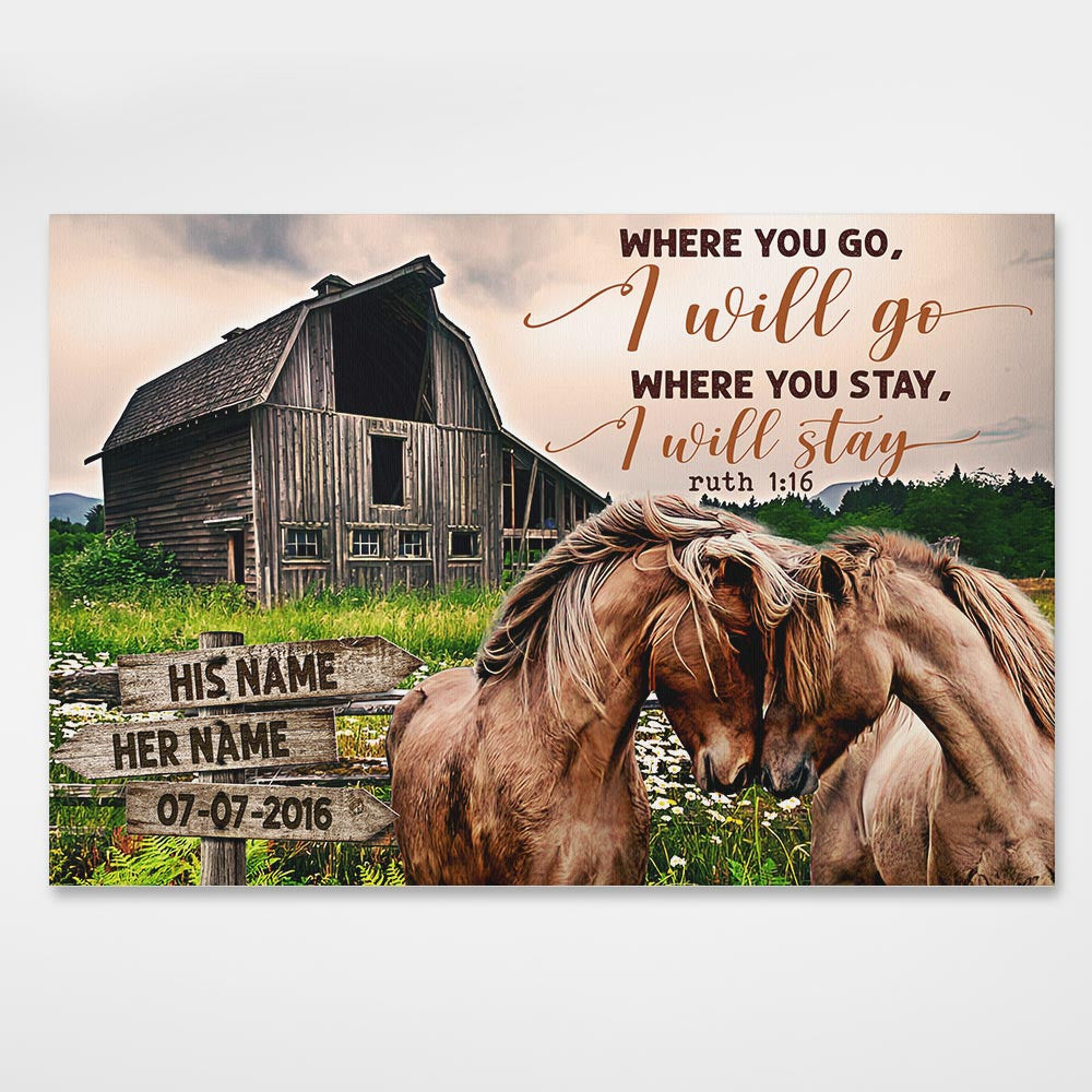 Custom Canvas Prints Personalized Wedding Anniversary Gifts Where You Go I Will Go Old Barn and Couple Horses Wall Art Decor