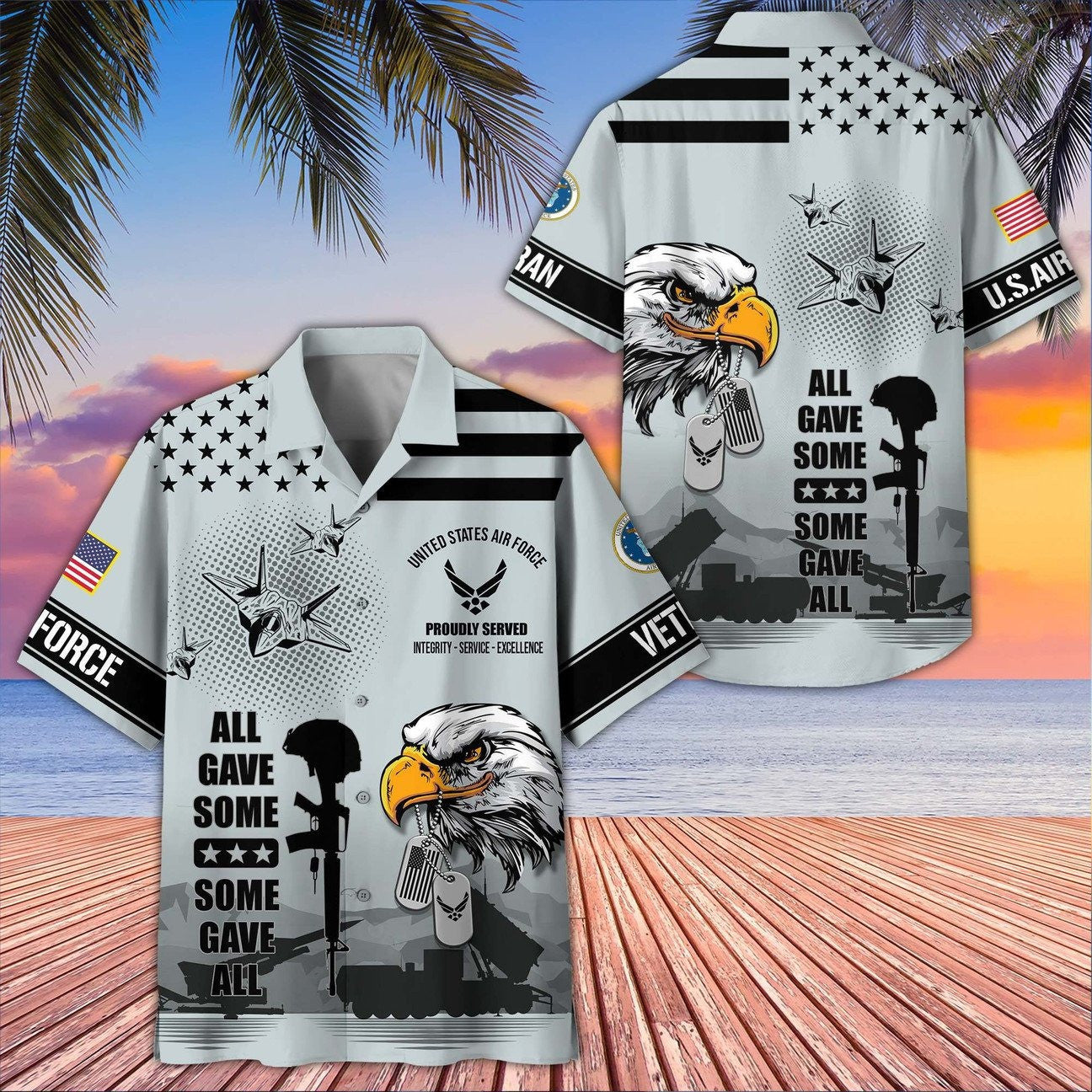 US Air Force Bald Eagle With Dog Tag and Military Helicopter Hawaiian Shirt Gift for Army Mens on Veterans Day