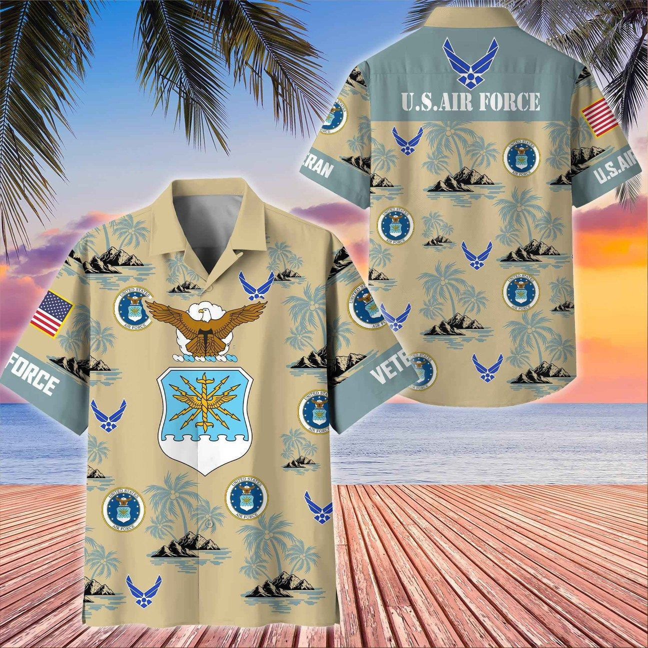 US Air Force Great Seal Eagle Palm Tree Island Military Hawaiian Shirt Summer Gift for Army Mens on Veterans Day