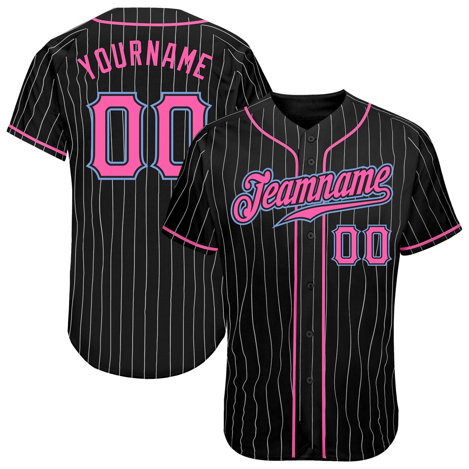 Custom Black White Pinstripe Pink-Light Blue Baseball Shirt