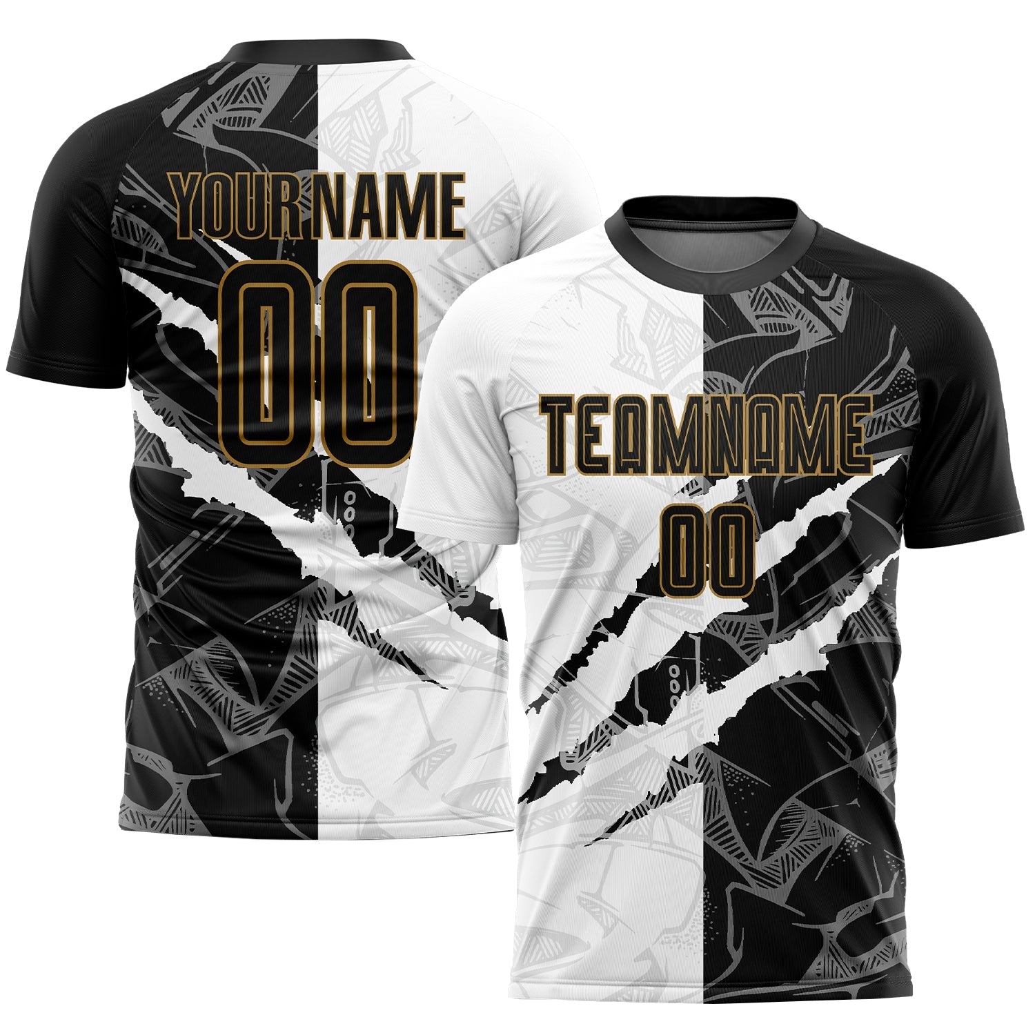 Custom Graffiti Pattern Black-Old Gold Scratch Sublimation Soccer Uniform Shirt